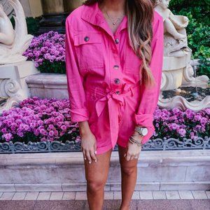 Express X Rocky Barnes Romper Women’s Small Pink Long-Sleeve Button Up Pockets M